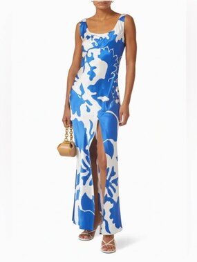 SIR The Label Esme Silk Satin Maxi Dress Blue White Size 1 = US 4 Merce Abstract